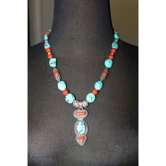 Vintage Turquoise & Coral Necklace Sterling Silver 115.4g Tribal Native American - Picture 12 of 13